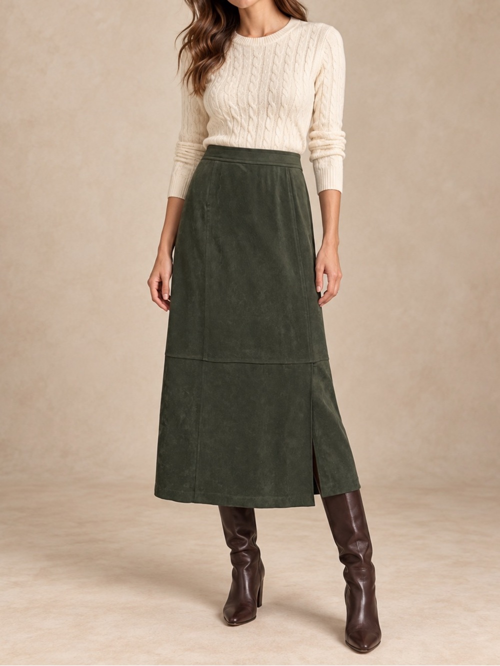 JM Collection Hunter Green Suede-Like Midi Skirt Size 6